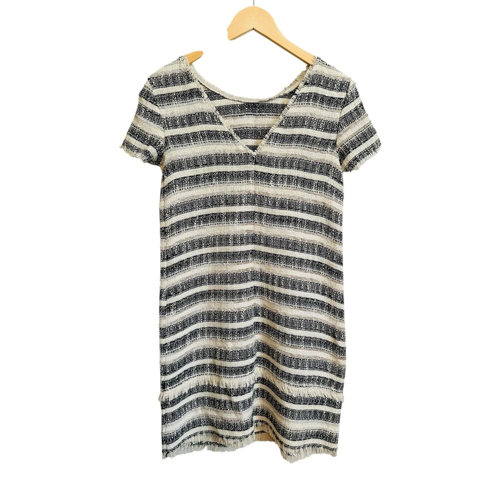 Zara Low Back Cream Black Striped Tweed Shift Dress with Fringe Detail Small - Picture 10 of 11